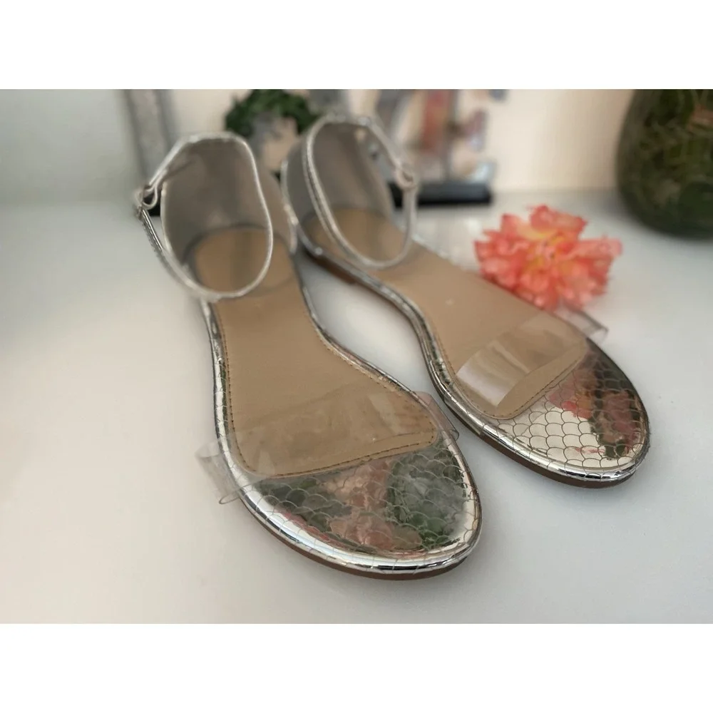 Clear Acrylic and Silver Faux Reptile Wild Diva Ankle Strap Sandals Size‎ 8/8.5